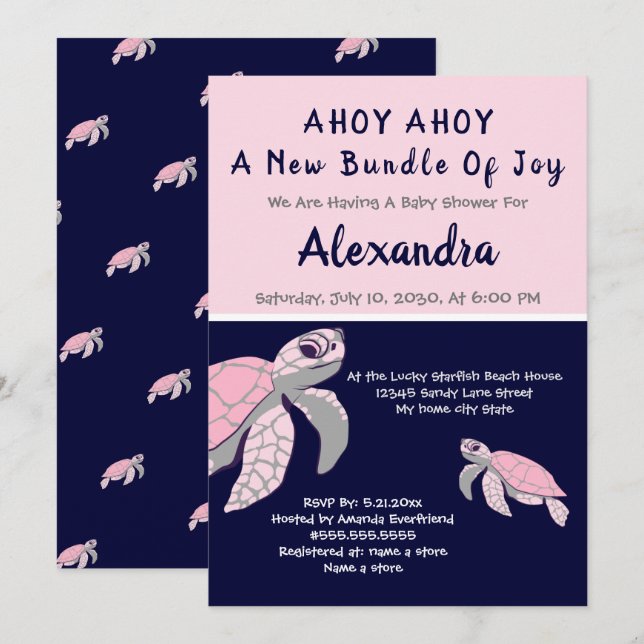 Pink Sea Turtle Navy Nautical Girl Baby Dusche (Vorne/Hinten)