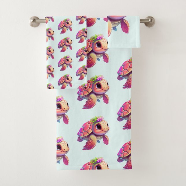Pink Sea Turtle Whimsical & Niedlich Gemustert Badhandtuch Set (Insitu)