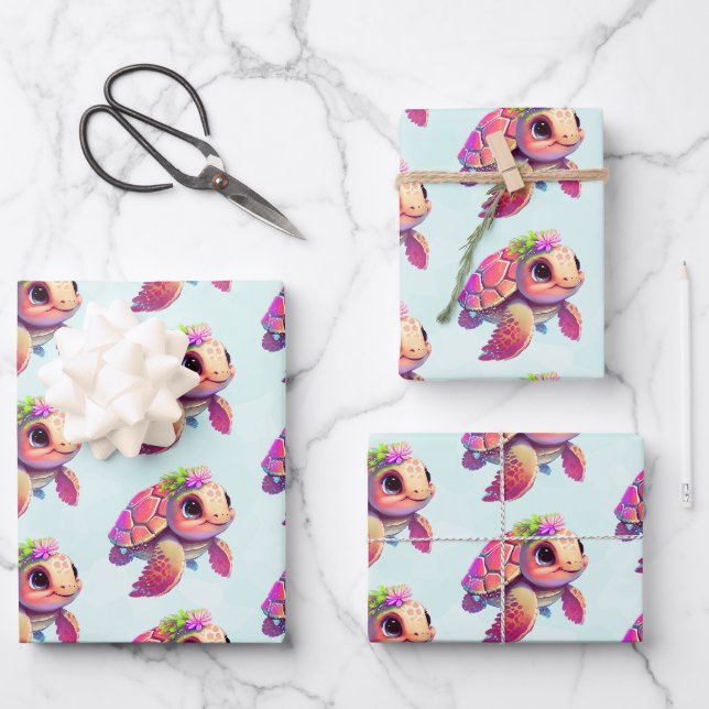 Pink Sea Turtle Whimsical & Niedlich Geschenkpapier Set (Vorderseite)