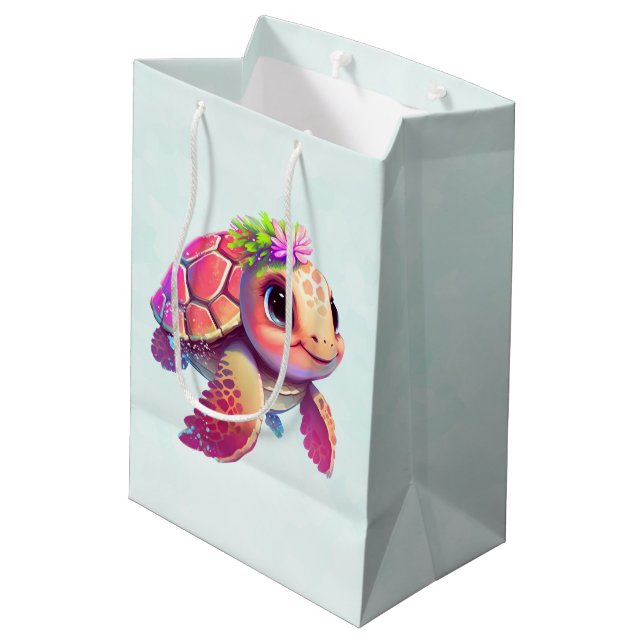 Pink Sea Turtle Whimsical & Niedlich Mittlere Geschenktüte (Rückseite Schrägansicht)