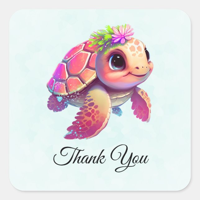 Pink Sea Turtle Whimsical & Niedlich Vielen Dank Quadratischer Aufkleber (Vorderseite)