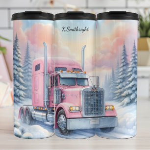 Pink Semi Truck Winterlandschaft Thermosbecher
