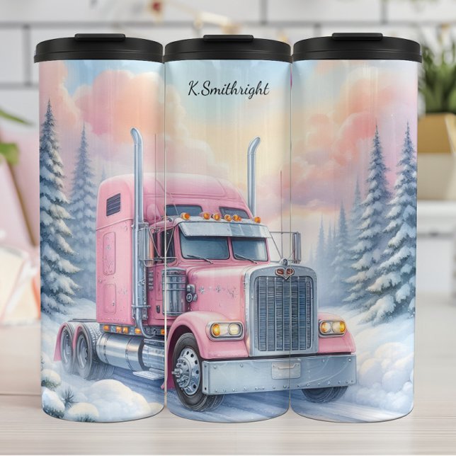 Pink Semi Truck Winterlandschaft Thermosbecher (Von Creator hochgeladen)