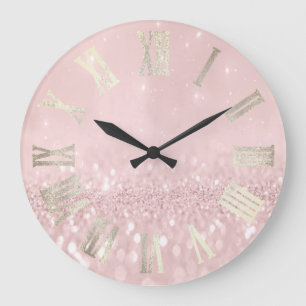 Pink Sepia Gray Silver Glitter Metal Roman Numers Große Wanduhr