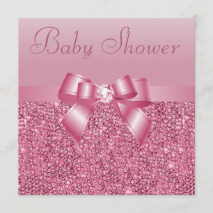 Pink Sequins, Bow & Diamond Baby Dusche Einladung
