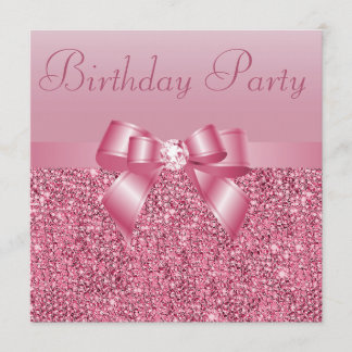 Pink Sequins, Bow & Diamond Geburtstagsparty Einladung