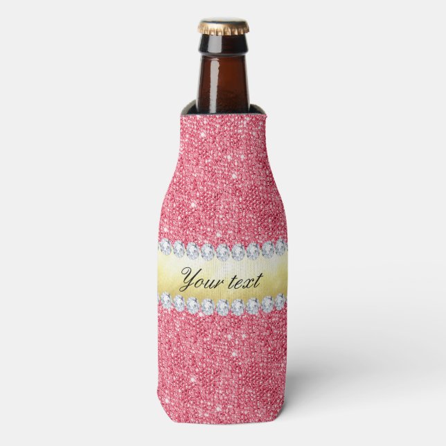 Pink Sequins Gold Foil and Diamonds Flaschenkühler (Flaschenvorderseite)
