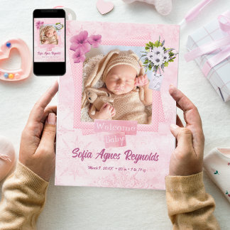 Pink Shabby Style Baby Flat Announccard Ankündigung