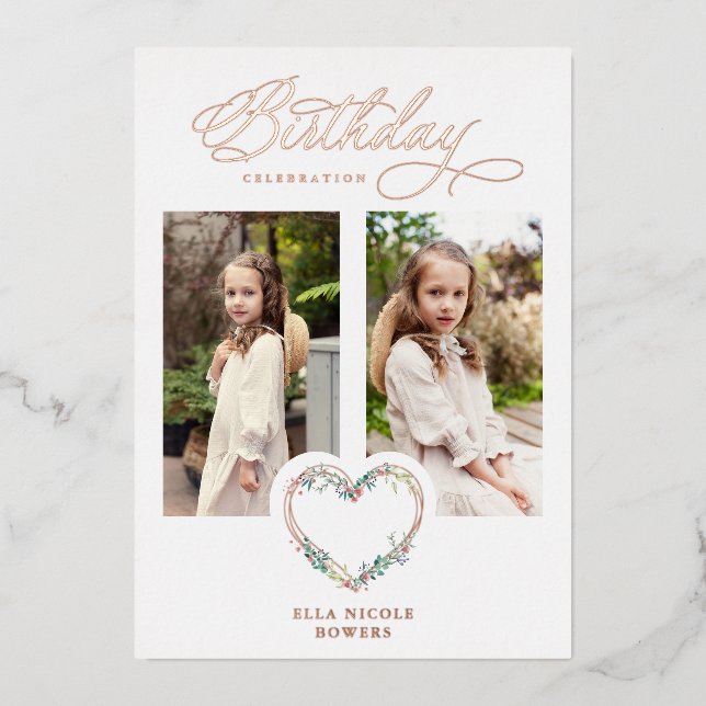Pink Shades Birthday 2 Photos Floral Heart Folieneinladung (Vorderseite)