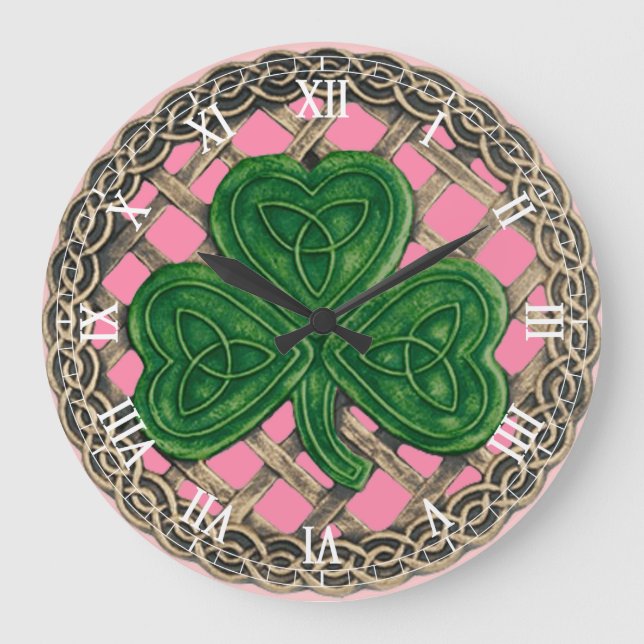 Pink Shamrock & Celtic Knots Roman Numerals Clock Große Wanduhr (Vorderseite)
