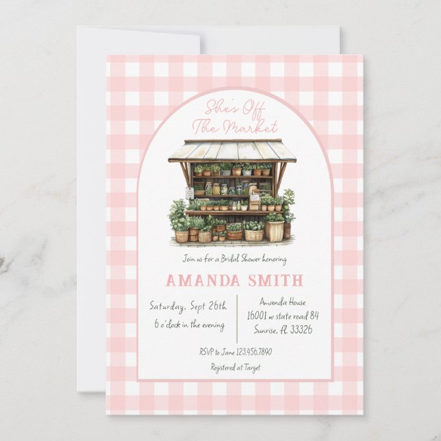 Pink She is Off the Market Gingham Brautparty Einladung (Vorderseite)
