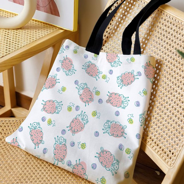 Pink Sheep with Flowers & Berries - Cute Pattern Tasche (Von Creator hochgeladen)