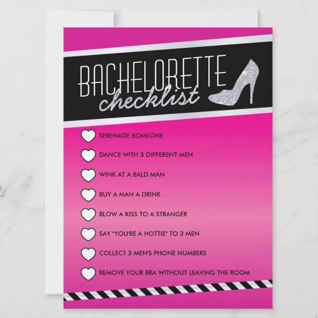 Pink Shimmer Bachelorette Checkliste Einladung (Vorderseite)