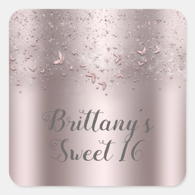 Pink Shimmer Flutter Schmetterling Sweet 16 Party Quadratischer Aufkleber (Vorderseite)