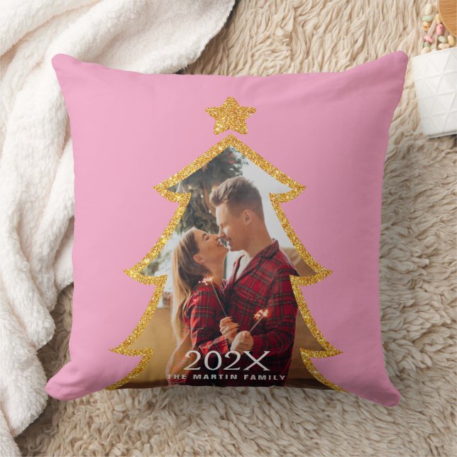 Pink Shiny Christmas Tree Personalized Photo Kissen (Decke)
