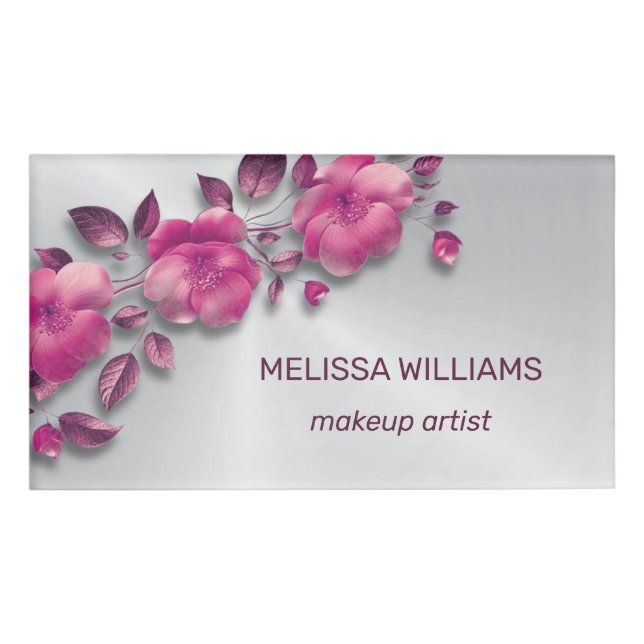 Pink Shiny Metallic Blume Silver Namenschild (Vorderseite)