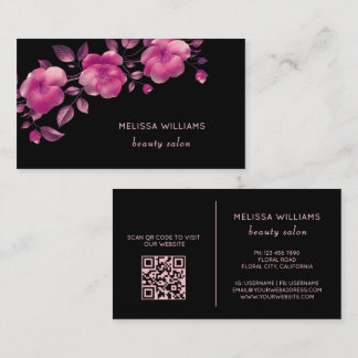 Pink Shiny Metallic Flower Black Visitenkarte