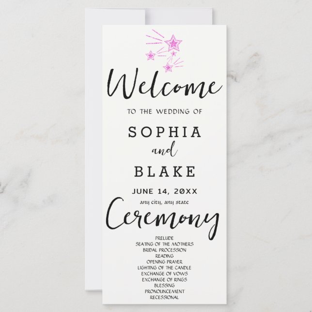 Pink Shooting Stars Off White Wedding Programm (Vorderseite)