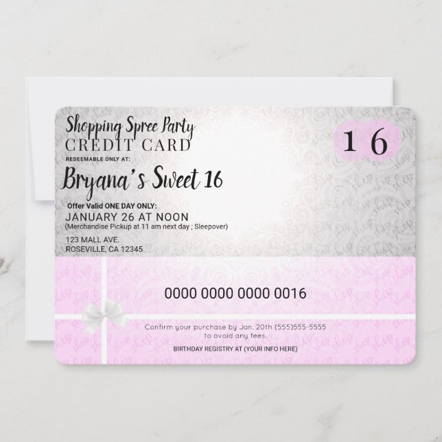 Pink Shopping Spree Carte de crédit Sweet 16 Party (Devant)