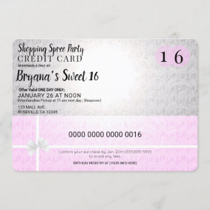Pink Shopping Spree Kreditkarte Sweet 16 Party Einladung