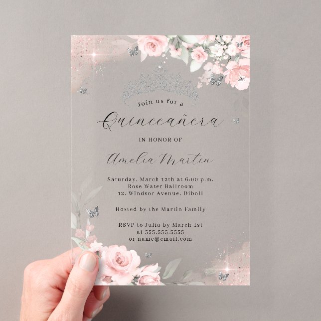 Pink Silber Clear Acrylic Floral Quinceanera Acryleinladungen (Insitu (Handheld))