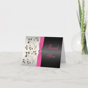 Pink, Silber und Schwarz-Flora Dankeschön-Karte Dankeskarte