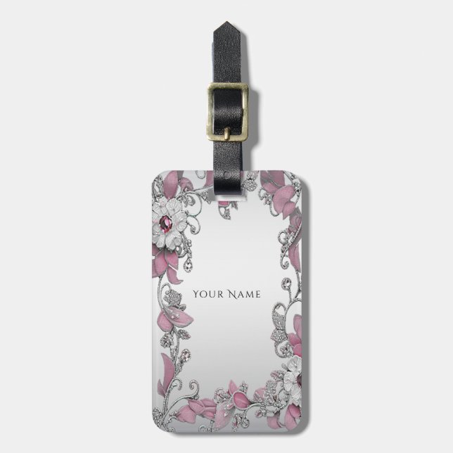 Pink Silber Weiße Floral Gepäckmarke Gepäckanhänger (Vorderseite vertikal)