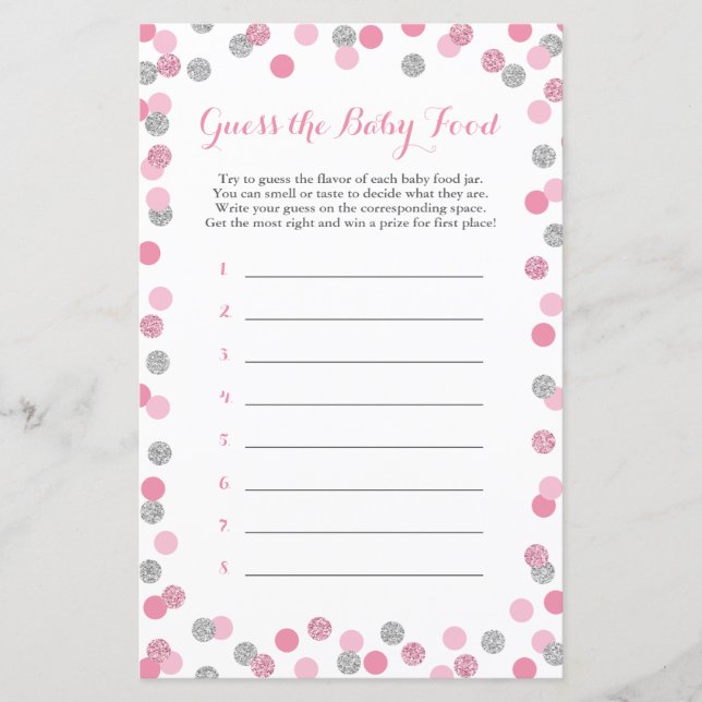 Pink & Silver Baby Dusche Raten Sie das Baby Food  (Vorderseite)