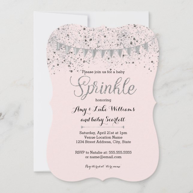 Pink Silver Baby Sprinkle Girl Dusche einladen Einladung (Vorderseite)