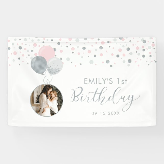 Pink & Silver Ballon 1. Geburtstag Foto Banner (Horizontal)