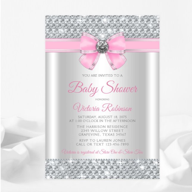 Pink Silver Bling Glam Baby Girl Dusche Einladung (You can change all of the text, fonts, etc.)