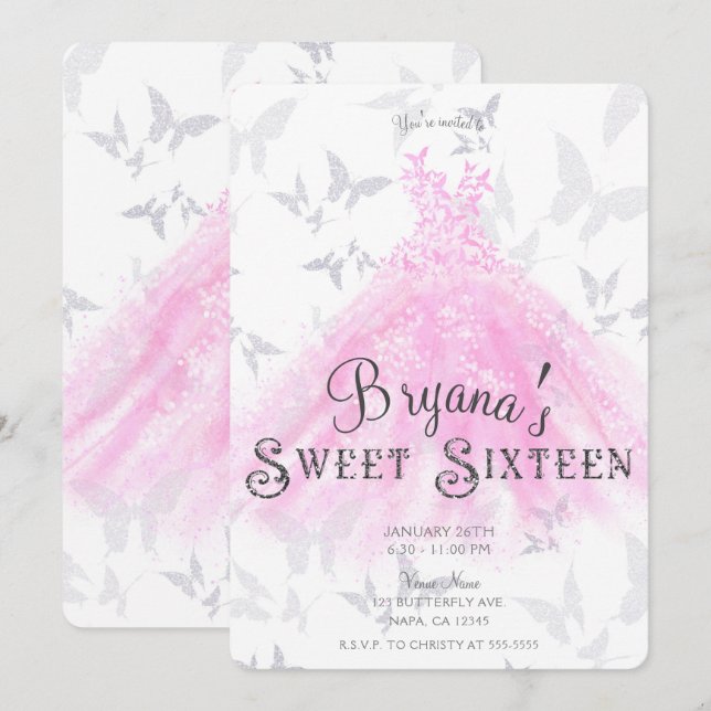 Pink Silver Butterfly Dance Dress Sweet 16 Party Einladung (Vorne/Hinten)