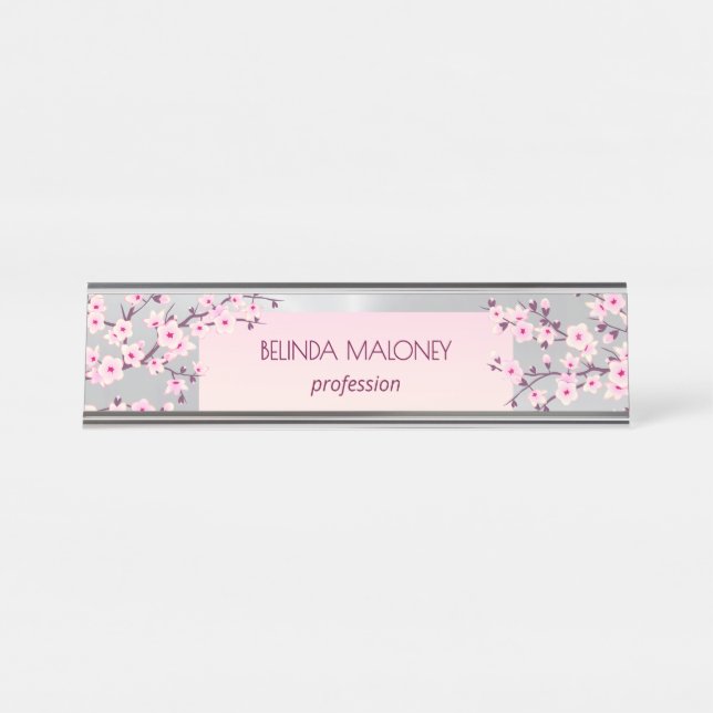 Pink Silver Cherry Blossom Schreibtischnamensplakette (Vorderseite )