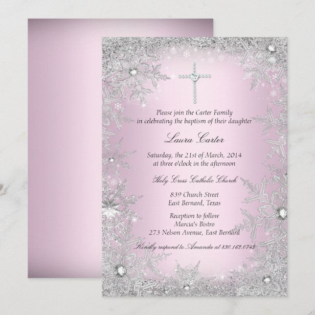 Pink Silver Crystal Snowflake Taufe/Weihnachten Einladung (Vorne/Hinten)