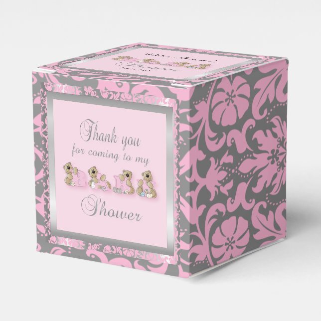 Pink & Silver Damask Teddy Bears | Babydusche Geschenkschachtel (Vorderseite)