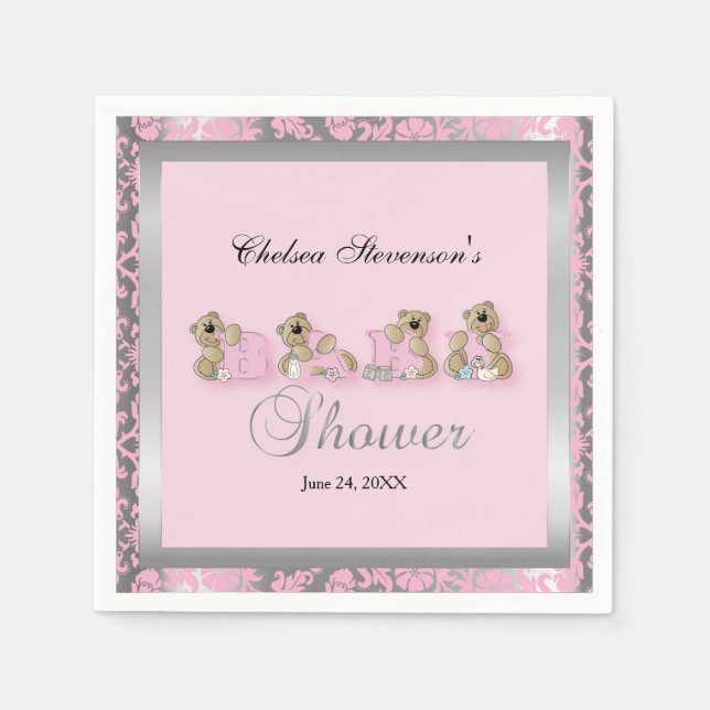 Pink & Silver Damask Teddy Bears | Babydusche Serviette (Vorderseite)