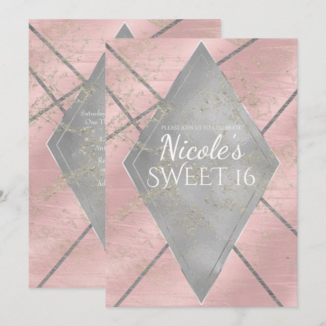 Pink Silver Diamond Glam Sweet 16 JEDES EVENT Part Einladung (Vorne/Hinten)