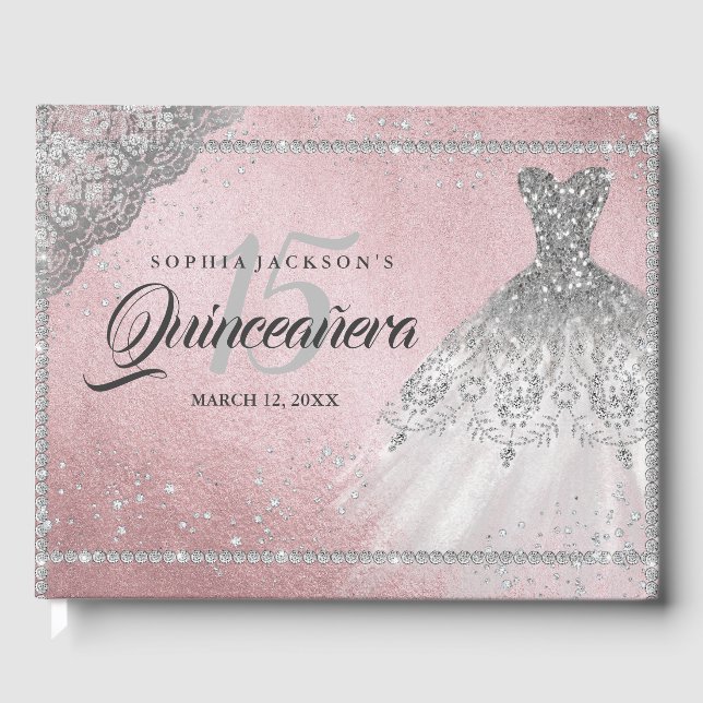 Pink Silver Diamond Sparkle Gown Quinceanera Gästebuch (Vorderseite)