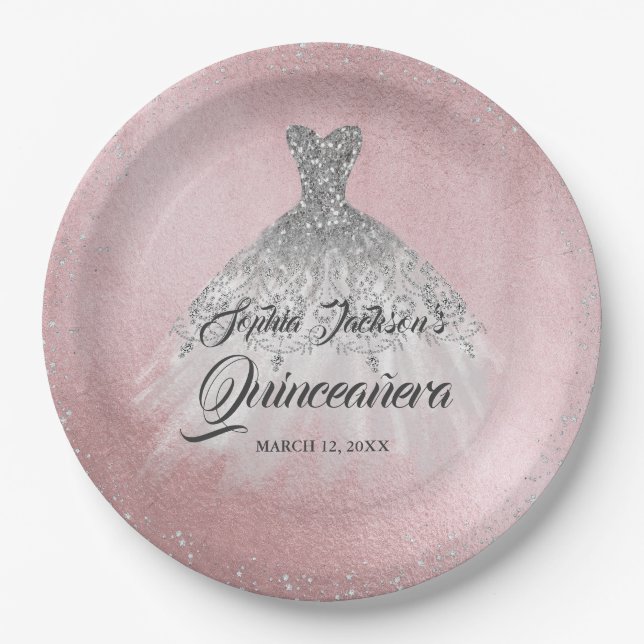 Pink Silver Diamond Sparkle Gown Quinceanera Pappteller (Vorderseite)