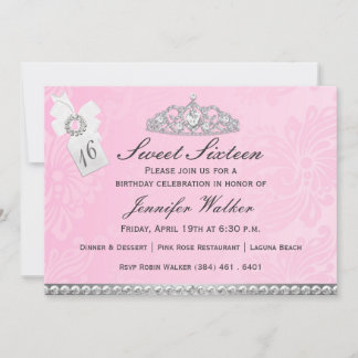 Pink & Silver Diamond Tiara 16 . Geburtstag Einlad Einladung