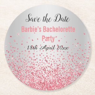 PINK SILVER ELEGANT SAVE THE DATE Bachelorette Runder Pappuntersetzer