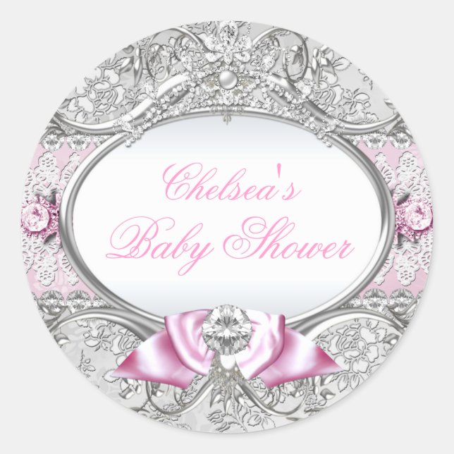 Pink & Silver Floral Bow Babyaufkleber Runder Aufkleber (Vorderseite)