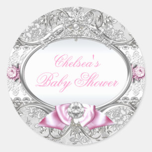 Pink & Silver Floral Bow Babyaufkleber Runder Aufkleber