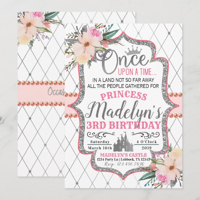 Pink Silver Floral Princess Invitation Anniversair (Devant / Derrière)