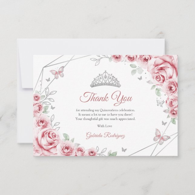 Pink Silver Floral Quinceanera Dankeskarte (Vorderseite)