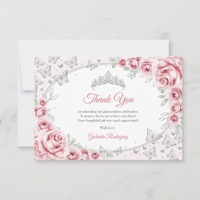 Pink Silver Floral Quinceanera Dankeskarte (Vorderseite)