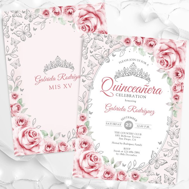 Pink Silver Floral Quinceanera Einladung (Von Creator hochgeladen)