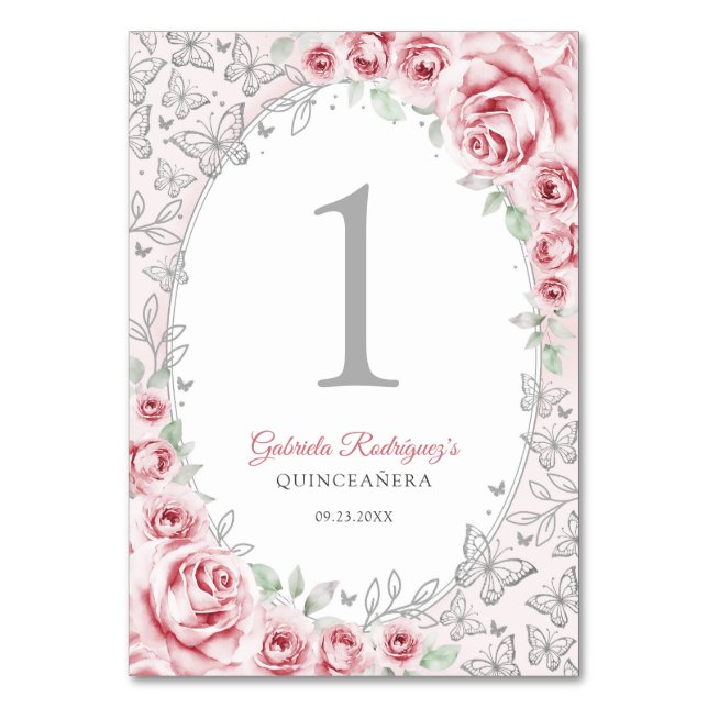 Pink Silver Floral Quinceanera Tischnummer (Vorderseite)
