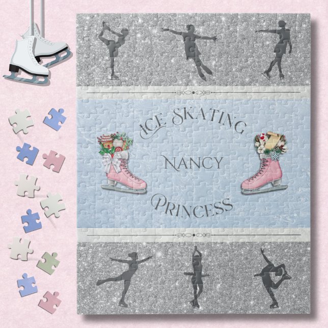 Pink Silver Girls Ice Skating Princess (Give the gift of glittering fun with this beautiful Figure Skater Princess Jigsaw Puzzle)