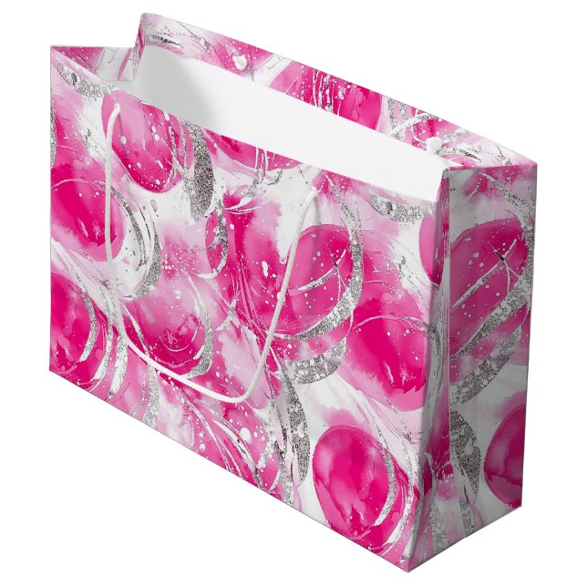 Pink Silver Glam Abstrakt Circles Birthday Große Geschenktüte (Vorderseite Schrägansicht)